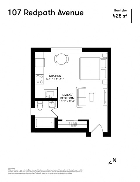 Floor plan for studio, 1 bath, 428 sqft